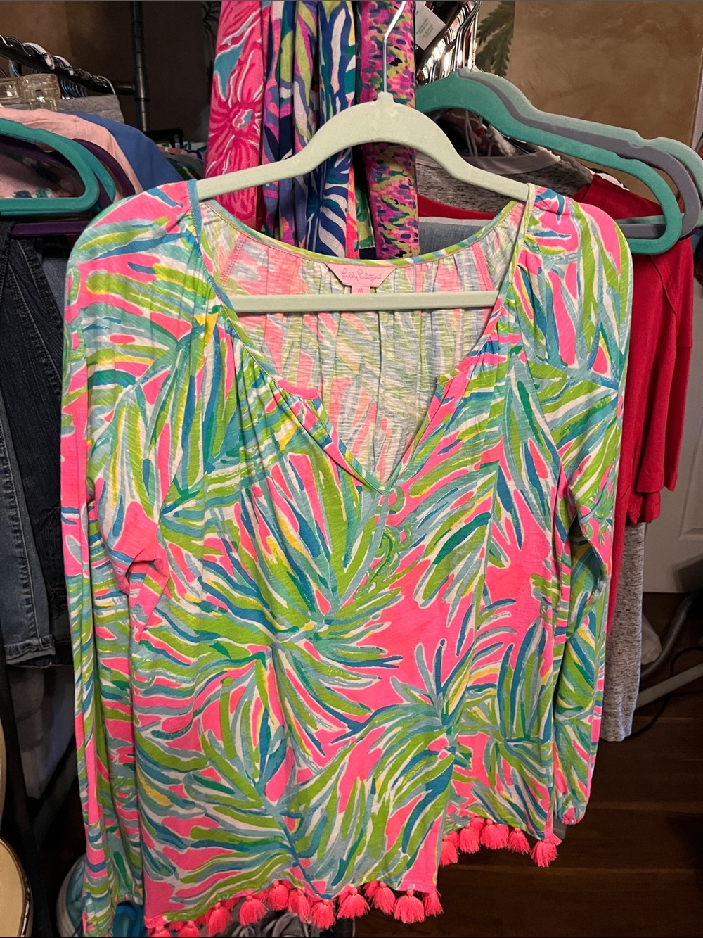 Vibrant Pink Tropical-Print V-Neck Women's Top